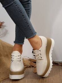 Women's Square Toe Snake Pattern Wedge & Thick Bottom Loafers - Beige - View 2