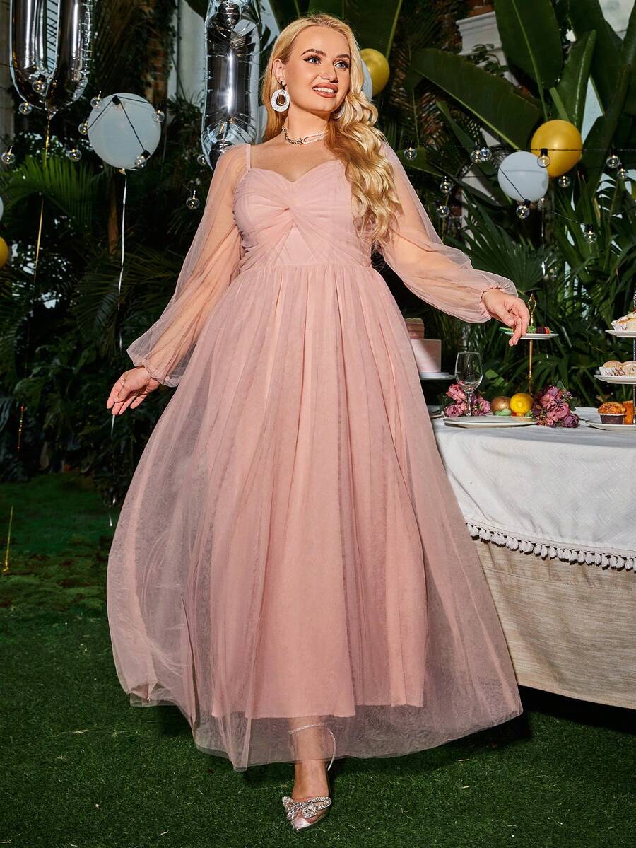 Simplee Plus Size Elegant & Romantic Solid Color Mesh Twist Ruffle Hem Dress, Long Party Gown, Wedding Guest Dress, Suitable For Valentine's Day