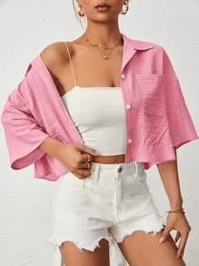SHEIN EZwear 落肩口袋貼花襯衫 - 粉色 - 查看 5