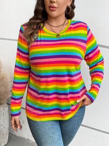 SHEIN CURVE+ Cộng với áo phông sọc cầu vồng - Nhiều màu - Xem 6