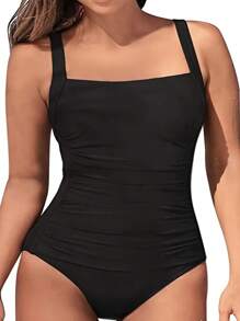 SHEIN Swim Chất rắn Xù Đồ bơi một mảnh - màu đen - Xem 1