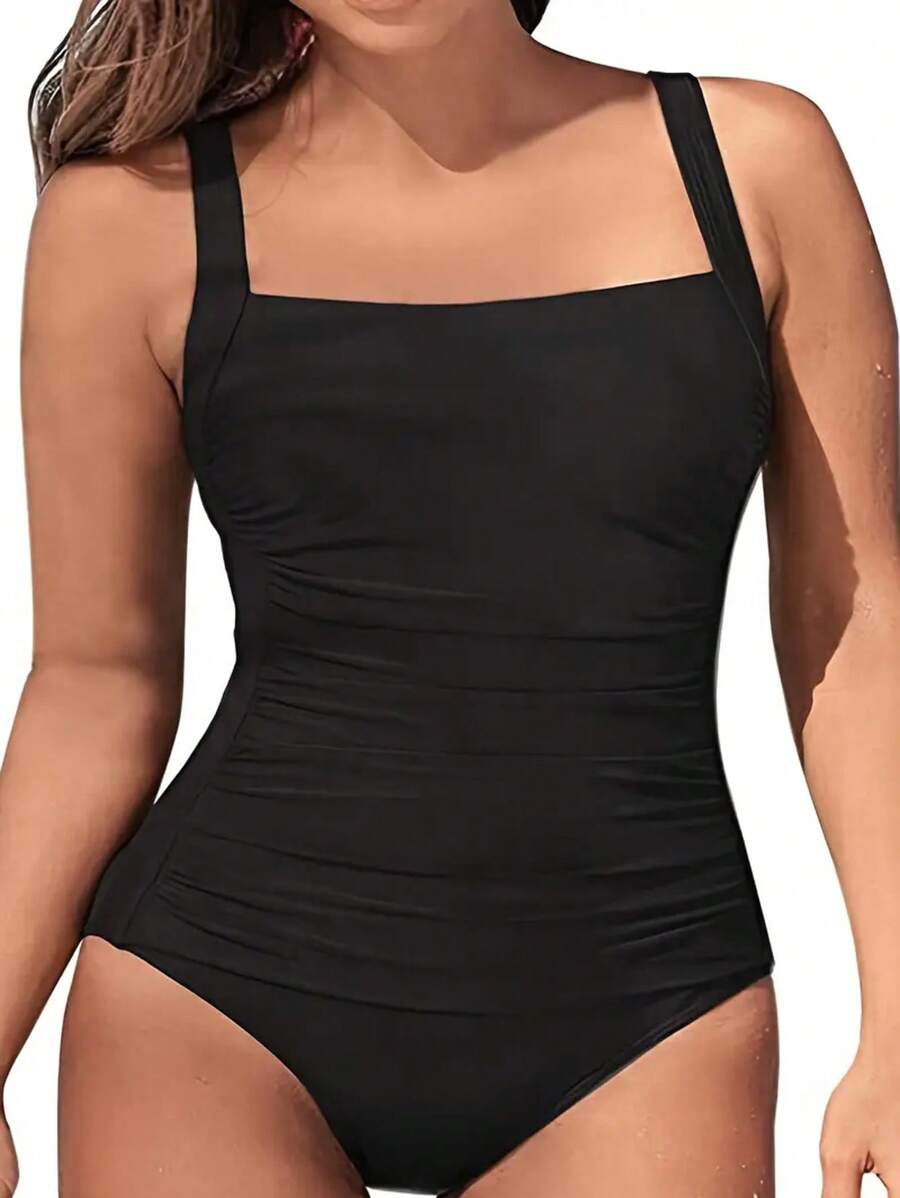 SHEIN Swim Chất rắn Xù Đồ bơi một mảnh - màu đen - Xem 1