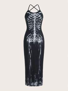 SHEIN ICON Halloween Skeleton Print Cami Dress - Black and White - View 3