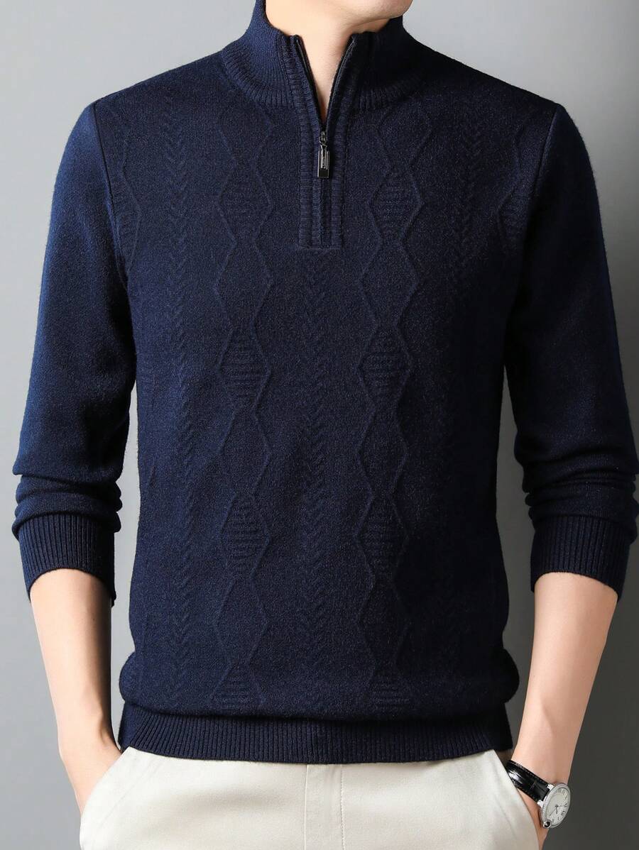 男士四分之一拉链长袖毛衣，保暖 - 藏蓝色 - 查看 1
