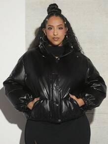 SHEIN CURVE+ Plus Zip Up Snap Button Padded Coat - Black - View 5