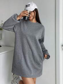 SHEIN EZwear Chất rắn Thả vai Đầm nỉ - Xám - Xem 3