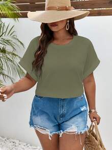 SHEIN Frenchy Plus Solid Batwing Sleeve Tee - Olive Green - View 6
