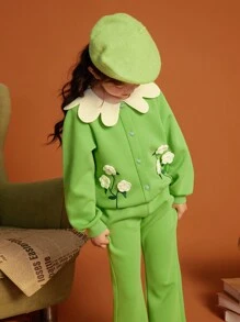 Tween Girl Floral Embroidery Peter Pan Collar Lantern Sleeve Jacket & Flare Leg Pants - Green - View 7