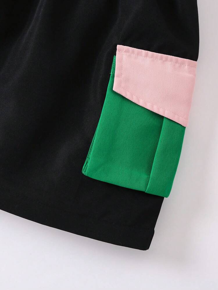 Young Girl Colorblock Flap Pocket Hooded Jacket & Skirt