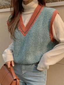 DAZY Chevron Pattern Contrast Trim Sweater Vest - Multicolor - View 1