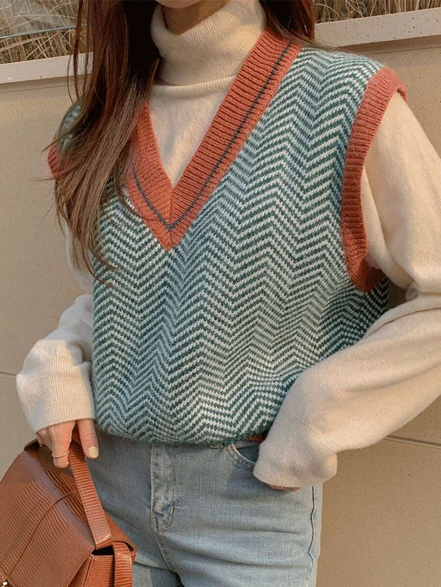 DAZY Chevron Pattern Contrast Trim Sweater Vest - Multicolor - View 1