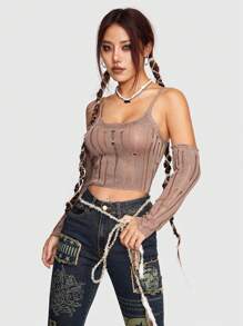 ROMWE Grunge Punk Solid Ripped Crop Cami Knit Top With Arm Sleeves - Khaki - View 4