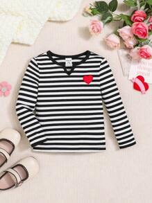 SHEIN 寶寶女孩休閒針織心形圖案條紋V領長袖上衣 - 黑色 - 查看 1