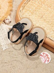 1雙經典黑色透氣簡約室內女嬰涼鞋，帶蝴蝶裝飾，0至1歲