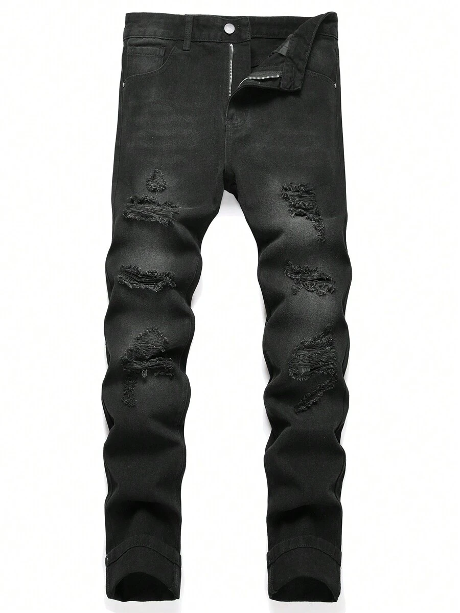 Tween Boy's Classic Distressed Straight Fit Jeans - Black - View 1