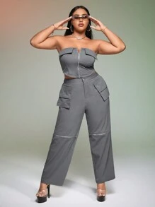 SHEIN ICON Plus Zip Up Tube Top & Flap Pocket Cargo Pants - Grey - View 1