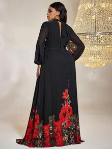 大碼印花雪紡洋裝 - 黑色 - 查看 2