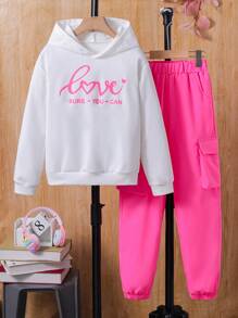女大童字母圖案連帽衫和有蓋口袋褲子