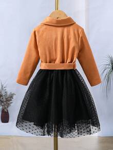 SHEIN Young Girl Contrast Mesh Hem Zip Detail Belted Dress - Multicolor - View 2