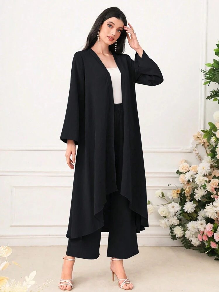 Al Najma Abrigo con parte delantera abierta & Pantalones de pierna ancha - Negro - Añade 3