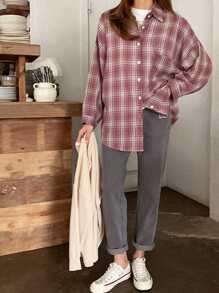 DAZY 格子印花落肩衬衫、长袖上衣、秋装、返校服、法兰绒女装 - 紅色 - 查看 4