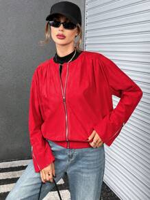 SHEIN Essnce Dây kéo Chất rắn Dây kéo Áo khoác - Đỏ - Xem 1