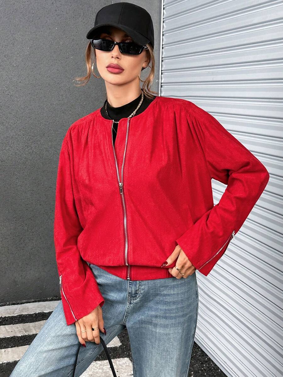 SHEIN Essnce Dây kéo Chất rắn Dây kéo Áo khoác - Đỏ - Xem 1