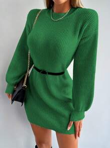 EURMUSE Drop Shoulder Ribbed Knit Sweater Dress Without Belt - Dark Green - View 6