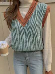 DAZY Chevron Pattern Contrast Trim Sweater Vest - Multicolor - View 3