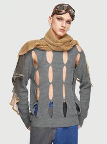 ROMWE MEN Grunge Punk Guys Cut Out Ripped Drop Shoulder Sweater Without Scarf - Grey - View 1