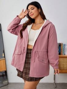 SHEIN EZwear Cộng với kích thước dây rút eo Thiết kế tai 3D có mũ trùm đầu có đệm lót bông - Hồng - Xem 3