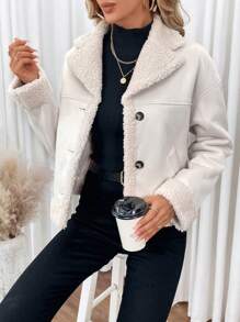 SHEIN Frenchy 毛絨內襯落肩袖前紐扣加絨內裏夾克 - 杏色 - 查看 5