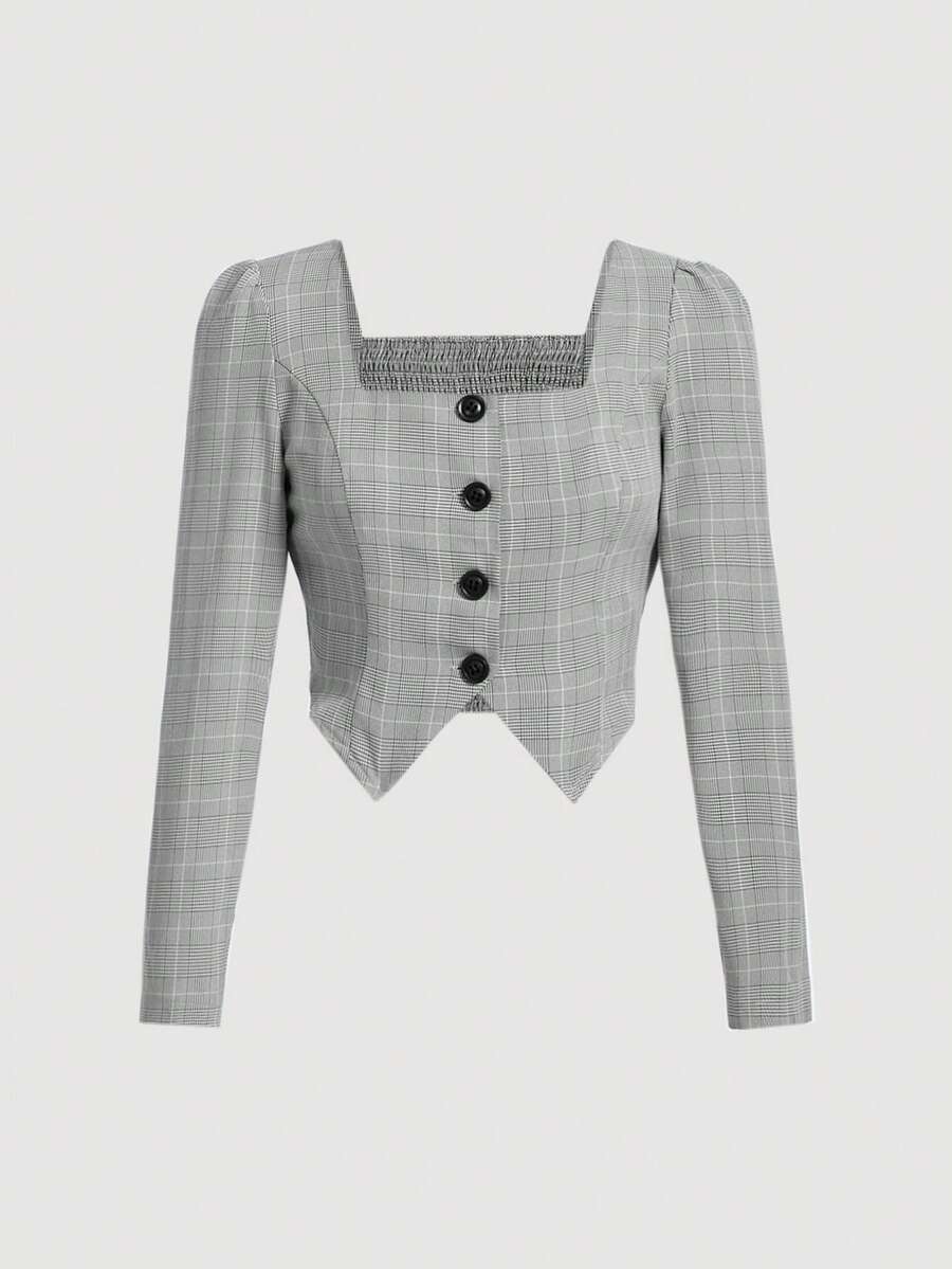 SHEIN MOD Plaid Print Square Neck Asymmetrical Hem Blouse - Camel - View 1