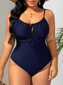 SHEIN Swim Curve Summer Beach Plus Ruched Bust Tie Front One Piece Swimsuit - Navy Blue - View 4