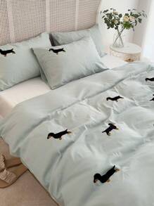 3pcs 100% Polyester Dachshund Embroidery Duvet Cover Set Without Filler,(1Duvet Cover &2 Pillowcases), Modern Polyester Bedding Set For All Season