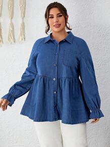 SHEIN LUNE 大碼荷葉袖荷葉擺牛仔襯衫 - 藍色 - 查看 1