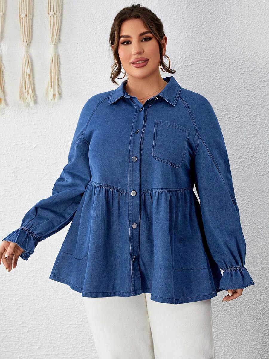 SHEIN LUNE 大碼荷葉袖荷葉擺牛仔襯衫 - 藍色 - 查看 1