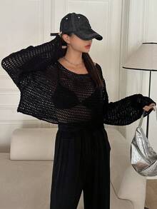 DAZY Áo len dệt kim Pointelle thả vai rắn chắc - màu đen - Xem 6