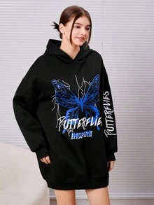 青少年女孩蝴蝶和字母圖案落肩袖連帽洋裝