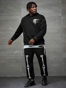 Manfinity VCAY Men Plus Skeleton Print Top-Stitching Hoodie & Sweatpants, For Fall Winter - Black - View 5