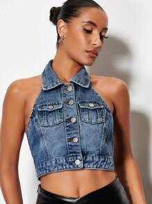 SHEIN BAE 翻蓋口袋前紐扣繞頸露背短款牛仔上衣 - 藍色 - 查看 5