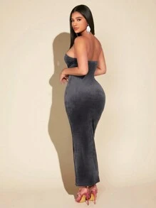 SHEIN X GiudiceGirls Split Thigh Velvet Tube Bodycon Dress - Grey - View 2