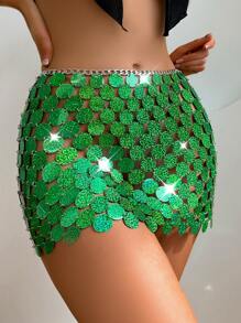 Allurite Sequin Decor Metallic Skirt - Green - View 5