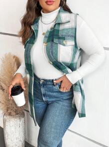 SHEIN CURVE+ 加格子印花翻蓋細節背心大衣 - 彩色 - 查看 4