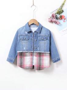 Young Girl Plaid Print 2 In 1 Denim Jacket Without Tee - Medium Wash - View 1