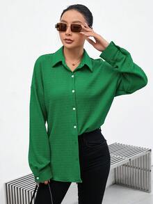 SHEIN Essnce Drop Shoulder Split Back Shirt - Green - View 2