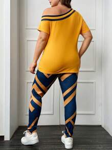 SHEIN LUNE Plus Letter Graphic Asymmetrical Neck Tee & Leggings - Yellow - View 2