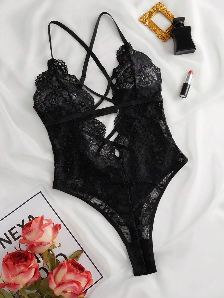 Snug Zone Mono lencería con espalda descubierta, cordones cruzados y encaje floral - Negro - Ver 1