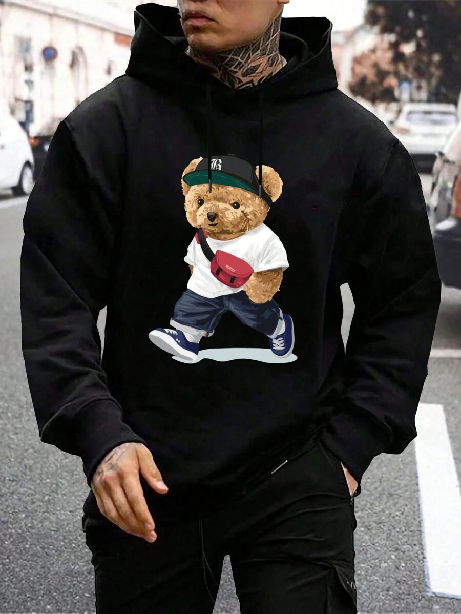 RueChic Men Bear Print Drawstring Hoodie - Black - View 1