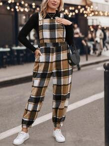 SHEIN LUNE Plus Plaid Print Slant Pocket Overall Jumpsuit Without Tee - Khaki - View 5